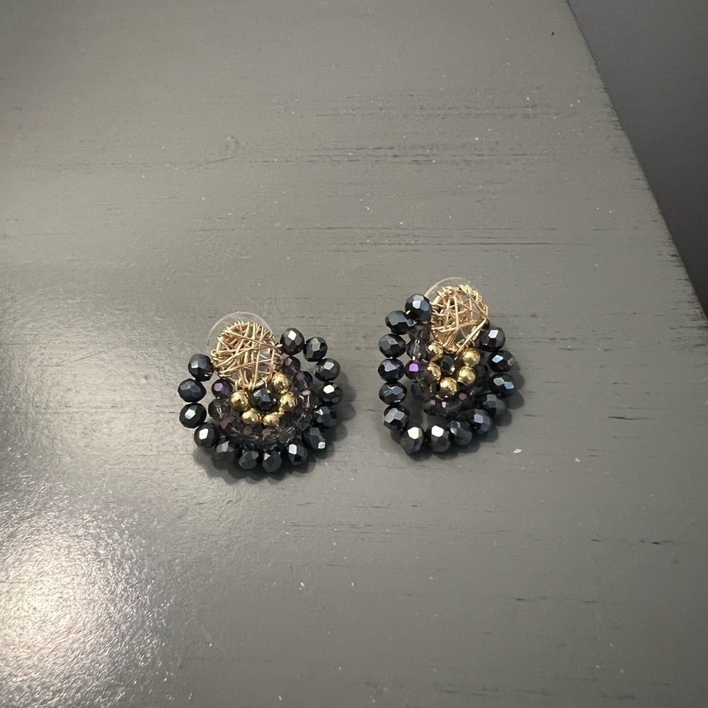 Gold Blue Purple Beaded Stud Earrings Boho Statement Colorful Jewelry - Picture 6 of 8